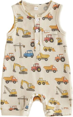 Baby Boy Farm Clothes Construction Excavator Tractor Tank Romper | Sleeveless Onesie Jumpsuit,Infant Summer Outfit,Baby Construction Outfit,Baby Boy Tractor Clothes in Kuwait