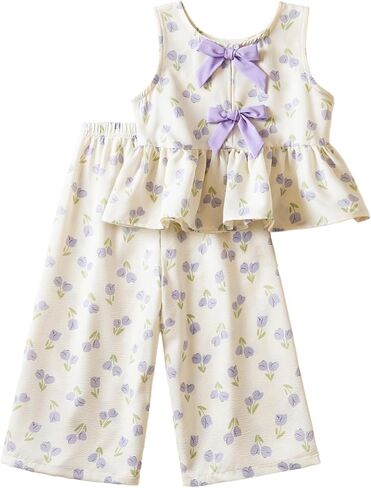 TTYAOVO Toddler Baby Girl Summer Clothes Outfits Sleeveless Ruffle Peplum Top Wide Leg Pants 2Pcs Set 9-36 Months in Kuwait