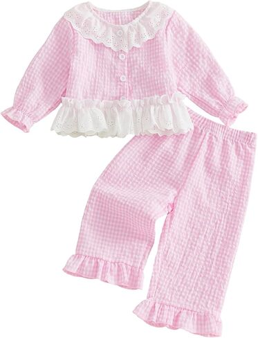 Toddler Baby Girl Fall Winter Outfits Plaid Collared Ruffle Shirt Pants Set | Toddler Baby Girl Fall Winter Clothes Plaid Collared Long Sleeve Button Down Ruffle Shirt Lace Top Pants 2 Piece Outfits Sets in Kuwait
