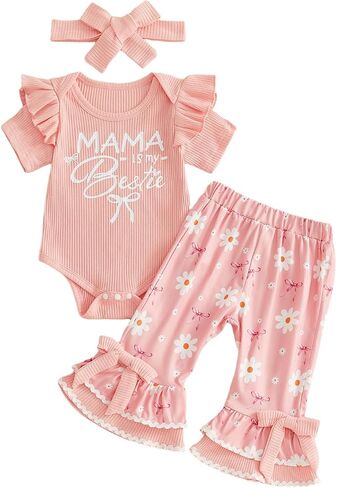 My First Rodeo Baby Girl Outfits Letter Print Short Sleeve Romper and Flared Pants with Headband Set Clothes in Kuwait
