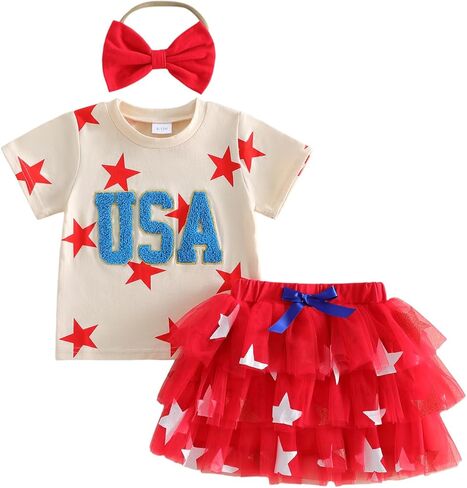 Socutebabe 4th Of July Toddler Girl Outfit Ameircan Flag Short Sleeve T-Shirt Plaid Tulle Skirts Dress Fourth Of July Clothes in Kuwait