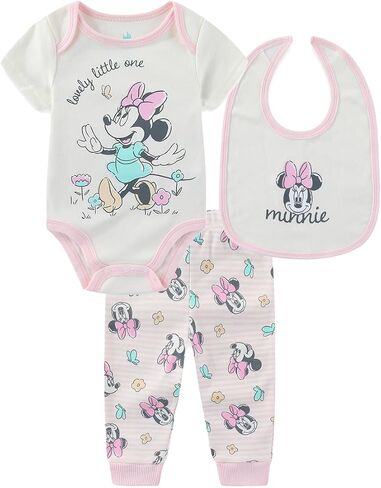 Disney Minnie Mouse Baby Girls Bodysuit Bib and Pants 3 Pc Set for Infants in Kuwait