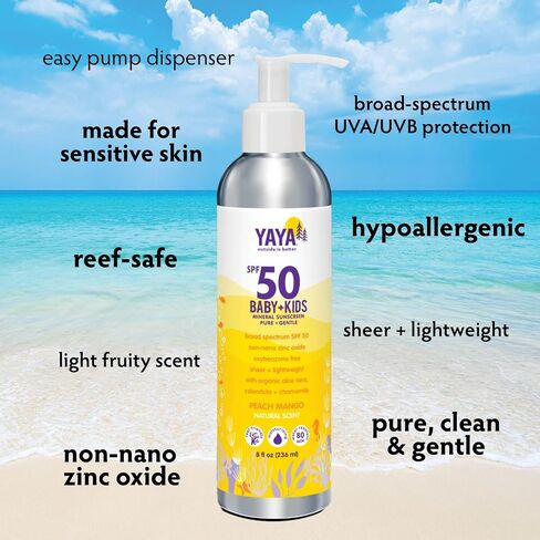 YAYA ORGANICS Baby + Kids Mineral Sunscreen Lotion, SPF 50, Reef-Friendly, Non-Nano Zinc Oxide, Water-Resistant, Hypoallergenic, Pure + Gentle for delicate skin, 8 oz in Kuwait