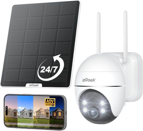 ieGeek Solar Security Cameras Wireless Outdoor, WiFi Surveillance Camera with Solar Panel & 9000mAh Battery, 24/7 Recording, 360° Panoramic View, Auto Tracking, 2K Color Night Vision, No Subscription in Kuwait