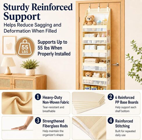Heavy Duty Over the Door Organizer for Nursery: 55 lb Capacity | Large-Capacity Hanging Storage: 6 shelves + 13 pockets, reinforced rods and 6 PP boards support 55 lb and reduce sagging in Kuwait