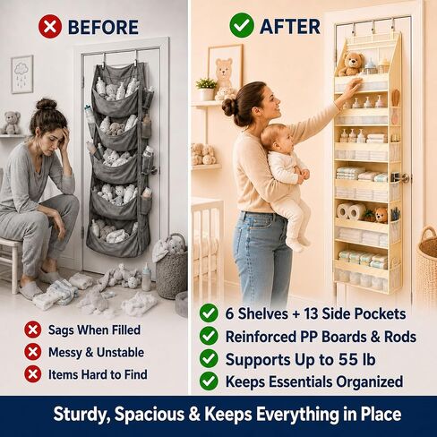 Heavy Duty Over the Door Organizer for Nursery: 55 lb Capacity | Large-Capacity Hanging Storage: 6 shelves + 13 pockets, reinforced rods and 6 PP boards support 55 lb and reduce sagging in Kuwait