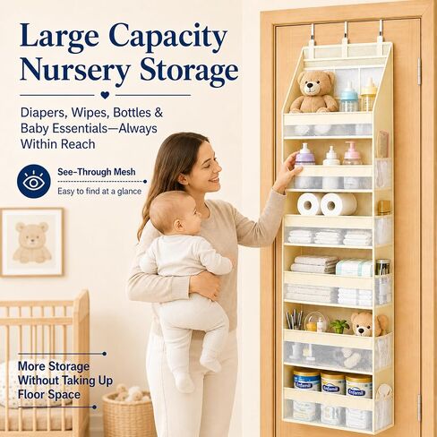 Heavy Duty Over the Door Organizer for Nursery: 55 lb Capacity | Large-Capacity Hanging Storage: 6 shelves + 13 pockets, reinforced rods and 6 PP boards support 55 lb and reduce sagging in Kuwait