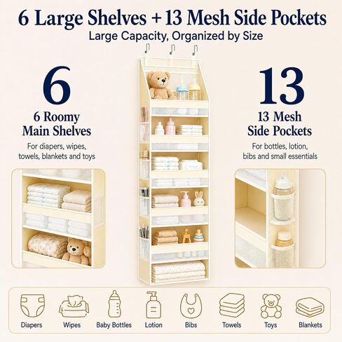 Heavy Duty Over the Door Organizer for Nursery: 55 lb Capacity | Large-Capacity Hanging Storage: 6 shelves + 13 pockets, reinforced rods and 6 PP boards support 55 lb and reduce sagging in Kuwait