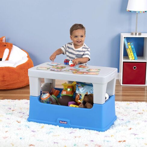 Simplay3 Play Around Toy Box Table, Multipurpose Kids Toy Box and Toddler Play Table for Toys, Art Supplies, Crafts, Durable, Plastic Large Toy Box, Made in USA in Kuwait