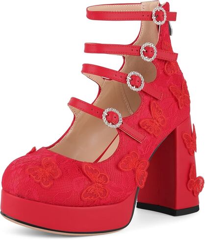 KISTANIA Platform Chunky Heels with Lace Butterfly Round Toe Ankle Strap Mary-Jane Pumps Shoes in Kuwait