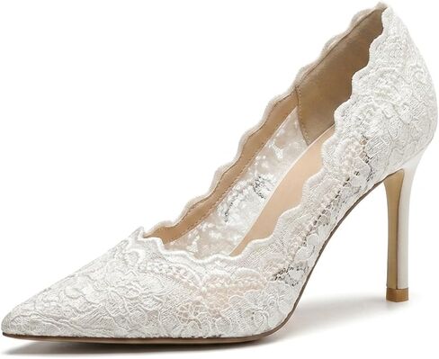 White Lace Wedding Shoes for Women Pointed Toe Stiletto High Heels Elegant Scalloped Bridal Pumps Evening Party Dress Shoes in Kuwait
