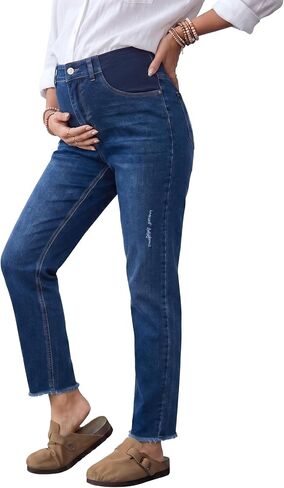 BLENCOT Maternity Jeans for Women Skinny Denim Pants Dark Blue X-Large | Mid-Rise,Elastic Waist,Back Pockets,Raw Hem,Ripped,Boyfriend Style Pregnancy Pants Postpartum Essentials Gifts for Mom in Kuwait