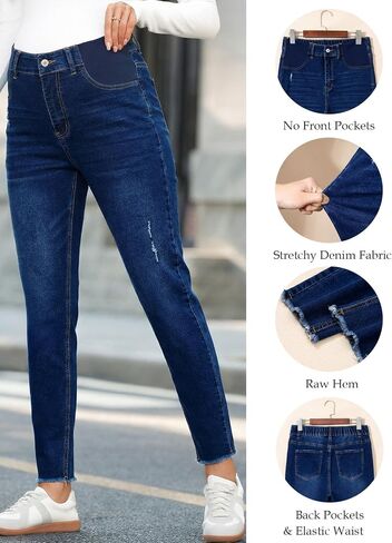 BLENCOT Maternity Jeans for Women Skinny Denim Pants Dark Blue X-Large | Mid-Rise,Elastic Waist,Back Pockets,Raw Hem,Ripped,Boyfriend Style Pregnancy Pants Postpartum Essentials Gifts for Mom in Kuwait