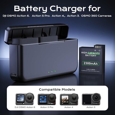 for DJI Action 6 Batteries Compatible with Action 5 Pro/4/3/OSMO 360 | 3PCS 2300mAh Batteries with 3-Channel USB Fast Charger Kits in Kuwait
