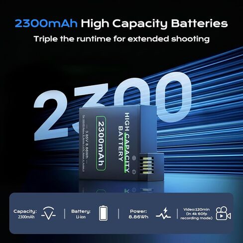 for DJI Action 6 Batteries Compatible with Action 5 Pro/4/3/OSMO 360 | 3PCS 2300mAh Batteries with 3-Channel USB Fast Charger Kits in Kuwait