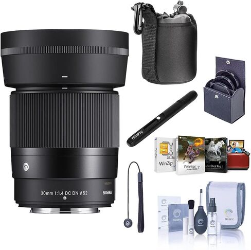 Sigma 30mm f/1.4 DC DN Contemporary Lens for Fujifilm X, Bundle with ProOptic 52mm Filter Kit, Cleaner, Pouch, Cleaning, Cap Keeper, Mac Software in Kuwait