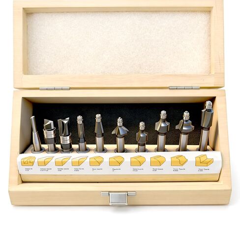 10-Piece Micro Router Bit Set, 1/4" Shank Carbide Mini Cutters for Model Making, Crafts & Detailed Woodworking, Flush Trim, Chamfer, Cove & Straight Profiles with Wooden Case in Kuwait