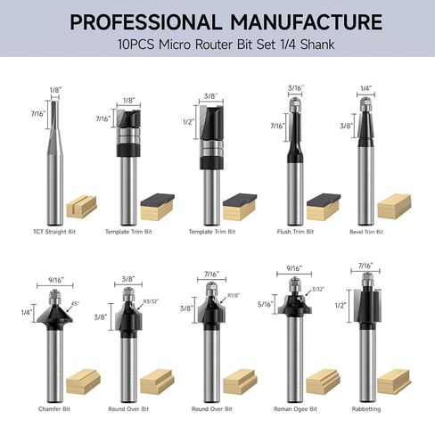 10-Piece Micro Router Bit Set, 1/4" Shank Carbide Mini Cutters for Model Making, Crafts & Detailed Woodworking, Flush Trim, Chamfer, Cove & Straight Profiles with Wooden Case in Kuwait