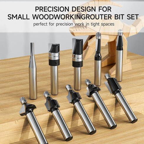 10-Piece Micro Router Bit Set, 1/4" Shank Carbide Mini Cutters for Model Making, Crafts & Detailed Woodworking, Flush Trim, Chamfer, Cove & Straight Profiles with Wooden Case in Kuwait