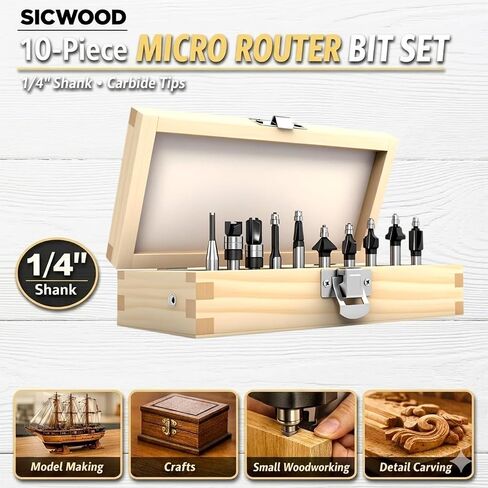 10-Piece Micro Router Bit Set, 1/4" Shank Carbide Mini Cutters for Model Making, Crafts & Detailed Woodworking, Flush Trim, Chamfer, Cove & Straight Profiles with Wooden Case in Kuwait