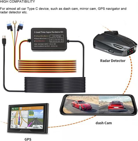 Generic Type C Dash Cam Hardwire Kit 12V-30V to 5V Power Cord 3.2m Cable with Built in Safety Measures for Dash Cam GPS Detector in Kuwait