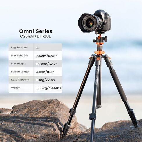 K&F CONCEPT 62" Compact Aluminum DSLR Camera Tripod | Detachable Monopod Tripod, 360° Ball Head, QR Plate, 22lbs Payload for Travel/Work, O254A1+BH-28L in Kuwait