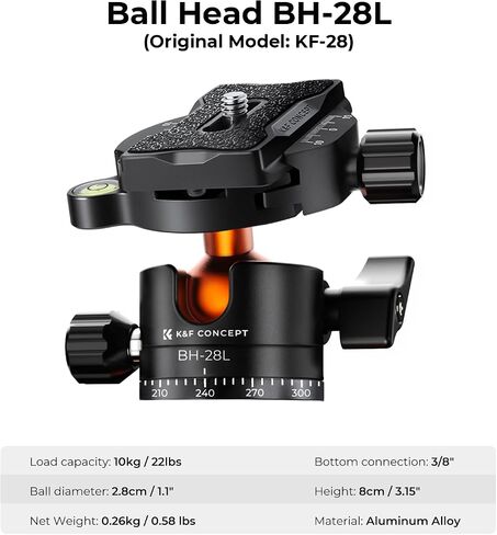 K&F CONCEPT 62" Compact Aluminum DSLR Camera Tripod | Detachable Monopod Tripod, 360° Ball Head, QR Plate, 22lbs Payload for Travel/Work, O254A1+BH-28L in Kuwait