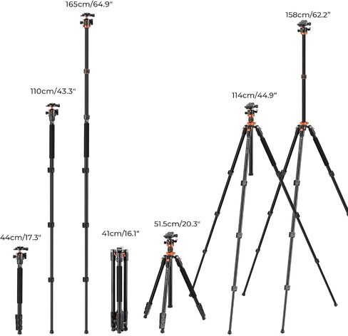 K&F CONCEPT 62" Compact Aluminum DSLR Camera Tripod | Detachable Monopod Tripod, 360° Ball Head, QR Plate, 22lbs Payload for Travel/Work, O254A1+BH-28L in Kuwait