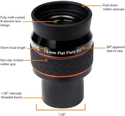 Celestron Ultima Edge 15mm 1.25" Eyepiece for Versatile Mid-Power Viewing | Versatile Mid-High Magnification, Sharp Edge-to-Edge Performance, Long Eye Relief, Twist-Up Rubber Eyecup, 5-Element Lens in Kuwait