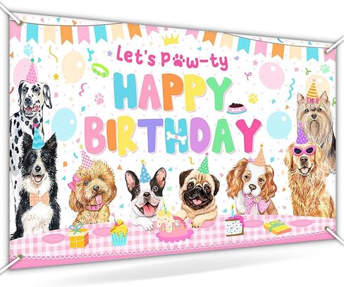 Dog Birthday Decorations Pink Puppy Dog Birthday Party Banner Let's Pawty Dogs Kids Photography Backdrop Indoor and Outdoor 6 x 3.6 ft in Kuwait