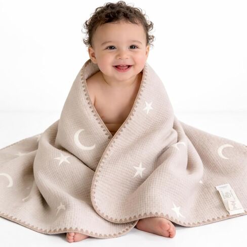 ABABY Quilted Cotton Baby Blanket – Soft Breathable Neutral Baby Blanket for Newborns, Crib, Stroller & Tummy Time – Moon & Star Nursery Blanket, Oat Beige, 26 x 51 in Kuwait
