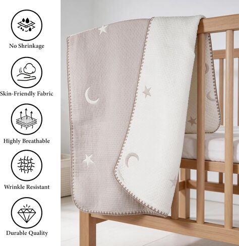 ABABY Quilted Cotton Baby Blanket – Soft Breathable Neutral Baby Blanket for Newborns, Crib, Stroller & Tummy Time – Moon & Star Nursery Blanket, Oat Beige, 26 x 51 in Kuwait