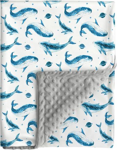 Ocean Baby Blanket Blue Whale Gender Neutral Minky Blankets for Newborn Baby Girls or Boys Undersea World Nursery Toddler Double Layer Blanket with Dotted Backing Sea Animal Printed (White) in Kuwait