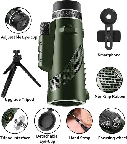 PhysioPhyx Monocular-Telescope 80x100 High Powered Monoculars High Definition for Adults High Powered with Smartphone Adapter Telescope Hunting Wildlife Bird Watching Travel Camping Hiking-Green in Kuwait
