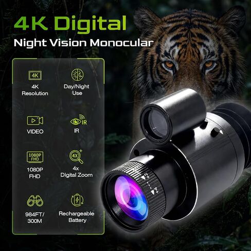 Night Vision Monocular, 4K Digital Night Vision Scope with 850nm IR Illuminator, 4X Zoom, 1080P Video Recording, 2000mAh Rechargeable Battery, Portable Night Vision Goggles for Hunting Camping in Kuwait