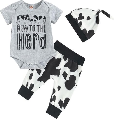 SAYOO Western Newborn Baby Boys Cowboy Outfit Cow Print Letter Bodysuit Long Leggings Cap 3pcs Infant Boy Country Clothes in Kuwait