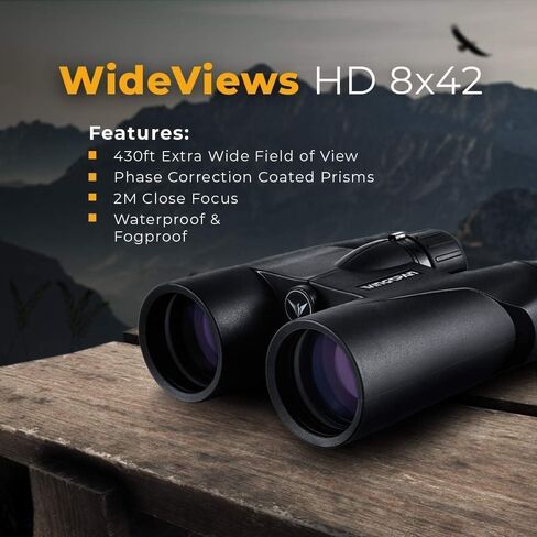 Optics WideViews HD 8X42 Professional Binoculars for Bird Watching. Extra-Wide Field of View for the Brightest, Clearest Detail. Close Focus for Closer Views. HD Quality in Kuwait