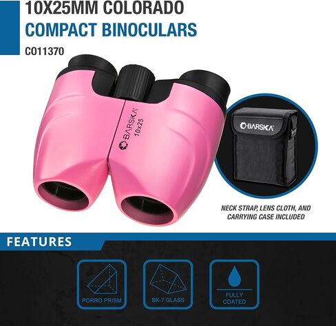 BARSKA Colorado 10x25 Compact Binoculars – Lightweight Pink Binoculars with BK-7 Porro Prisms, Fully Coated Optics, Center Focus, Ideal for Hiking, Bird Watching & Travel in Kuwait