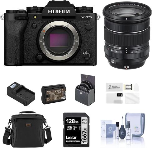 Fujifilm X-T5 Mirrorless Camera, Black with XF 16-80mm f/4.0 R OIS WR Lens, 128GB SD Card, Shoulder Bag, Extra Battery, Charger, 72mm Filter Kit, Screen Protector, Cleaning in Kuwait