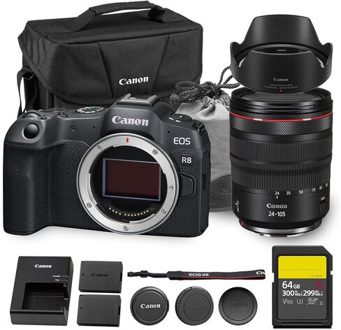 Canon EOS R8 Mirrorless Camera | 24.2MP Full Frame Sensor 4K 60p Video | Compact Lightweight Hybrid Camera for Travel and Content (5803C002) + Canon RF 24-105mm Lens + 64GB Card + LP-E17 Battery + Bag in Kuwait