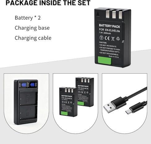 EN-EL9 EN EL9a 2-Pack Battery with Dual Charger for Nikon D40, D40x, D60 | D3000, D5000 Digital SLR Cameras 2000mAh in Kuwait