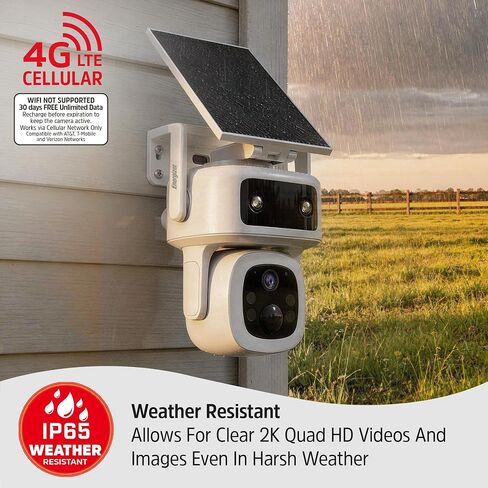 Energizer Smart 4G LTE Cellular Security Camera with Solar Panel, 2K Outdoor Wireless Pan Tilt Camera, No WiFi Required, Rechargeable Battery, Color Night Vision, Motion Detection, White in Kuwait