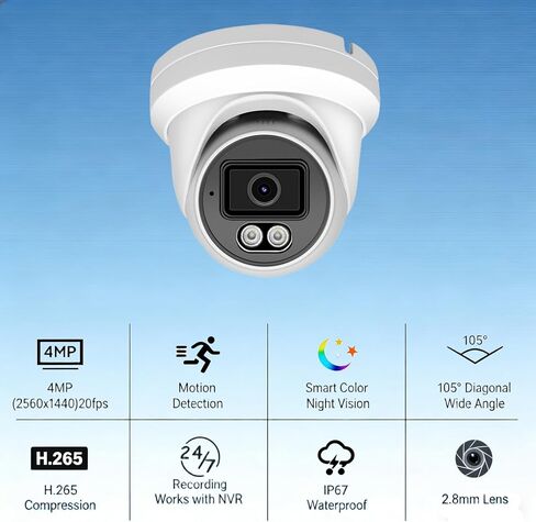 Real HD 4MP Add-On Full Color Night Vision Turret Dome IP Camera with White Lights for IP Camera NVR System,108° Viewing Angle 2.8mm Lens, Waterproof IP66 Outdoor, NDAA Compliant in Kuwait