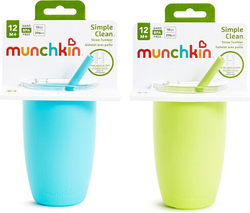 Munchkin Simple Clean Tumbler, Straw Cups for Toddlers 1-3, with Peel Open Straw for Easy Cleaning, Spill Proof Sippy Cup for Kids 12+ Months, 10 Ounce, 2 Pack, Blue/Green in Kuwait