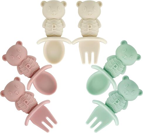 PandaEar 6 Pack Baby Led Weaning Spoons Forks 6+ Months | Silicone Baby Spoons and Fork Self Feeding Utensils, Toddler Infant Anti-Choke Feeding Utensils, Bear Shape (Pink Green Linen) in Kuwait