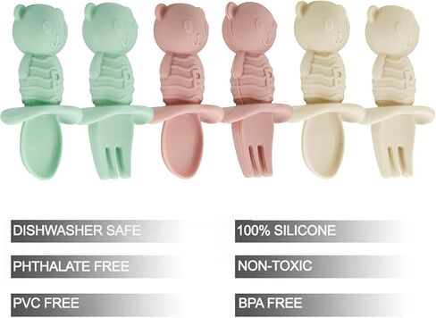 PandaEar 6 Pack Baby Led Weaning Spoons Forks 6+ Months | Silicone Baby Spoons and Fork Self Feeding Utensils, Toddler Infant Anti-Choke Feeding Utensils, Bear Shape (Pink Green Linen) in Kuwait