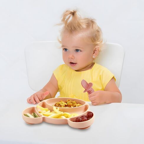 PandaEar 6 Pack Baby Led Weaning Spoons Forks 6+ Months | Silicone Baby Spoons and Fork Self Feeding Utensils, Toddler Infant Anti-Choke Feeding Utensils, Bear Shape (Pink Green Linen) in Kuwait