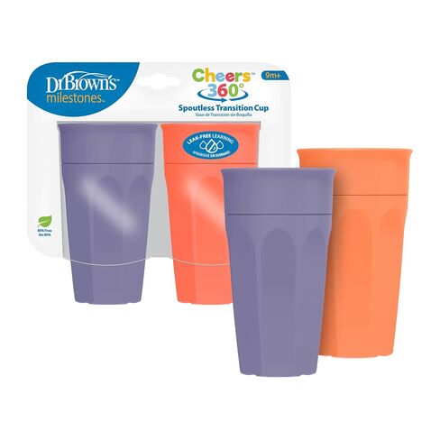 Dr. Brown's Milestones Cheers 360 Spoutless Transition Cup, Travel Friendly and Leak Free Sippy for Babies and Toddlers, Coral and Purple, BPA-Free, 10 oz/300 mL, 9m+ in Kuwait