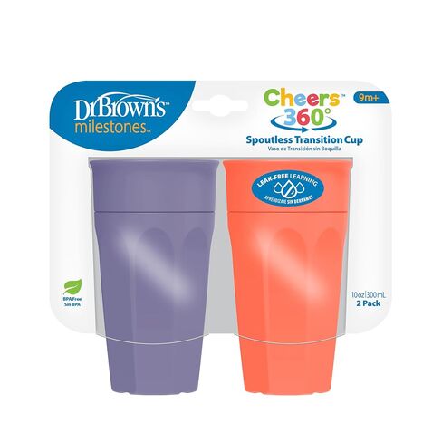 Dr. Brown's Milestones Cheers 360 Spoutless Transition Cup, Travel Friendly and Leak Free Sippy for Babies and Toddlers, Coral and Purple, BPA-Free, 10 oz/300 mL, 9m+ in Kuwait
