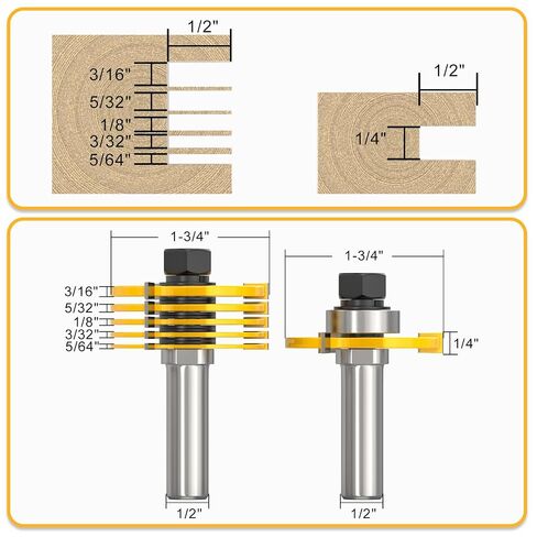 MEANLIN 1/2" Shank Slot Cutter Router Bit Set, 6 Size Cutting Thick: 5/64", 3/32", 1/8", 5/32", 3/16", 1/4" in Kuwait